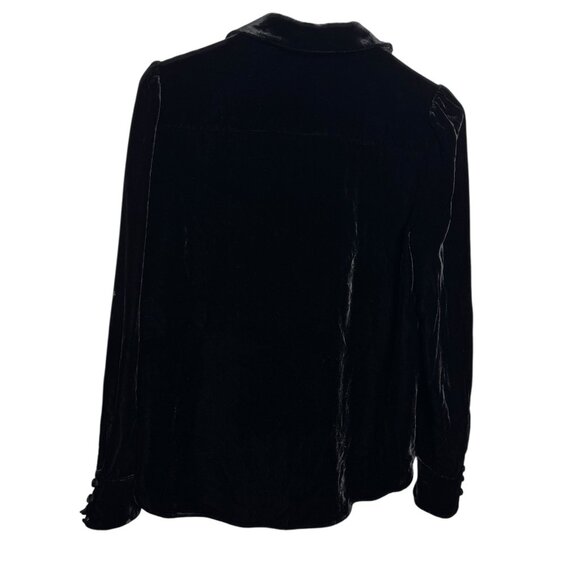 Velvet Collar Button Front Long Sleeve Blouse Top Black - Picture 2 of 2
